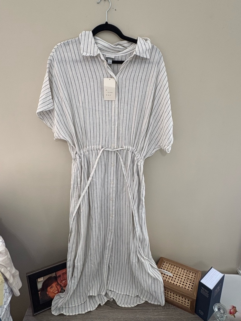 a new day White and Black Striped Button-Front Drawstring Shirt Dress